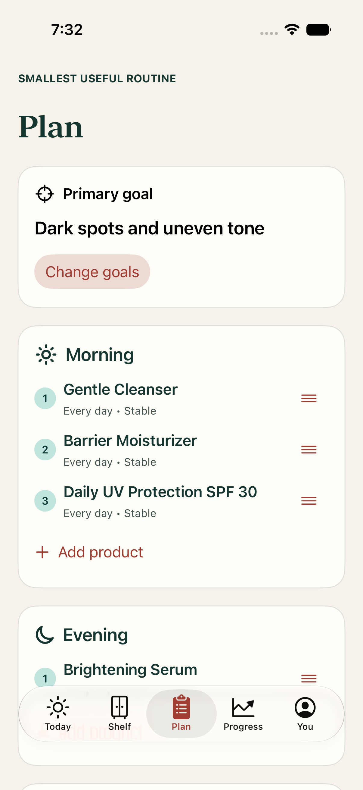 Aurmora Plan screen with ordered morning and evening routines