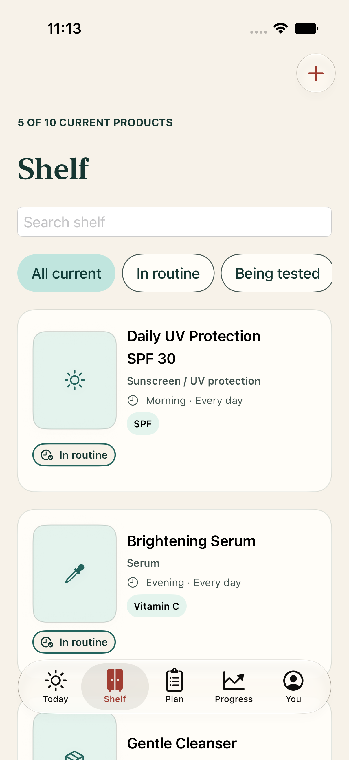 Aurmora product shelf showing skincare already owned