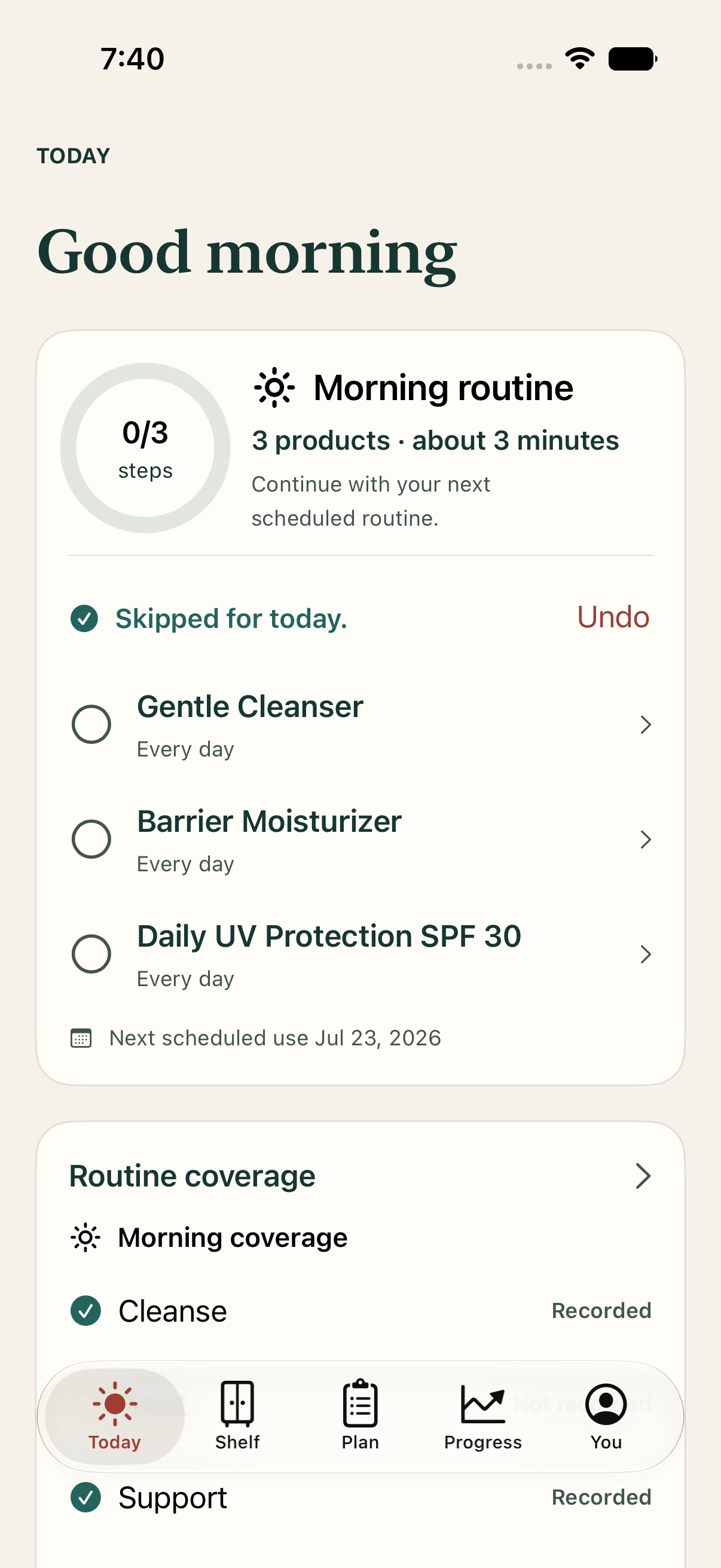 Aurmora Today screen with a morning routine